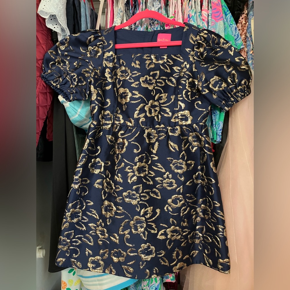 NWOT Rare Editions Lilly Pulitzer Navy Blue & Gold Puff Sleeve Formal Dress Sz 8